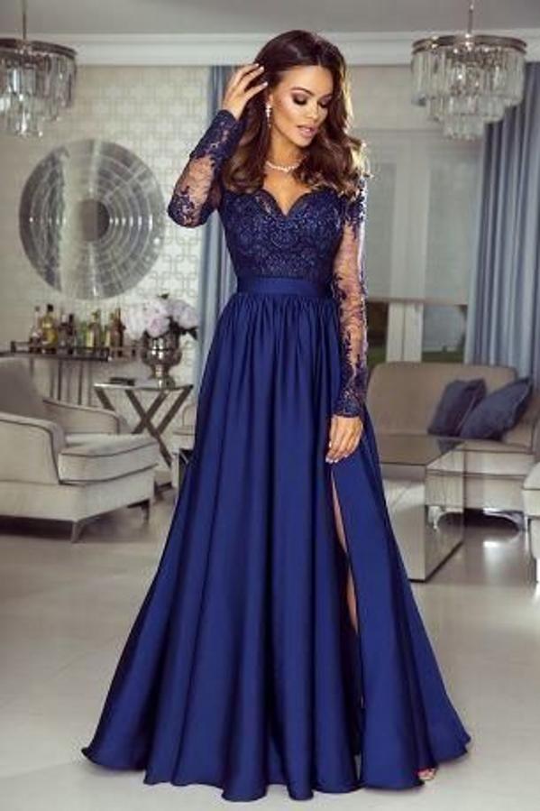 Langärmliges A-Linien-Ballkleid aus Spitze mit Herzausschnitt und Schlitz