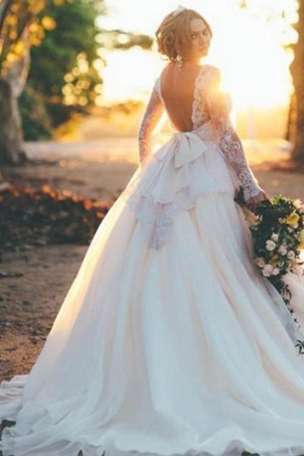Long Sleeves Ball Gown Organza Wedding Dress with Beading Lace Top WD164