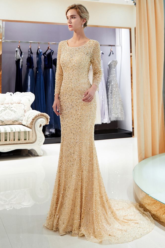 Vestidos de fiesta formales con lentejuelas, mangas largas y hasta el suelo
