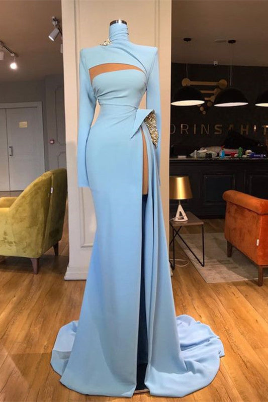 Vestido de fiesta de sirena con cuello alto y mangas largas con abertura