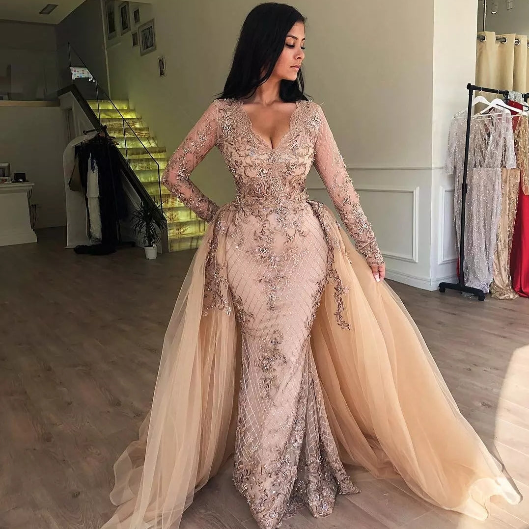 Long Sleeves Mermaid V-neck Appliqued Prom Dresses with Detachable Skirt