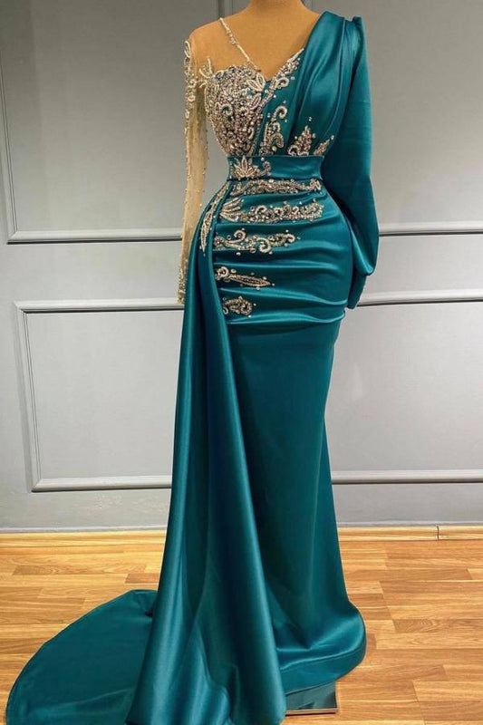 Langärmliges Meerjungfrau-Ballkleid aus Satin mit V-Ausschnitt und seitlich geschwungenem Wickel