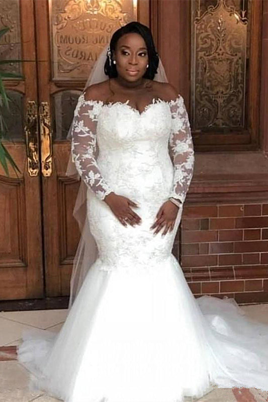 Long Sleeves Off-the-Shoulder Mermaid Lace Wedding Dress