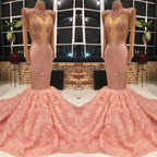 Long Sleeves Pink Prom Dress Mermaid Appliques With Flowers Bottom
