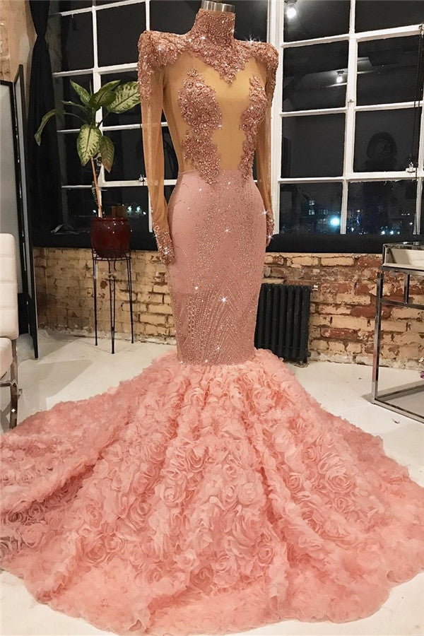 Vestido de fiesta rosa de manga larga con apliques de sirena y flores en la parte inferior