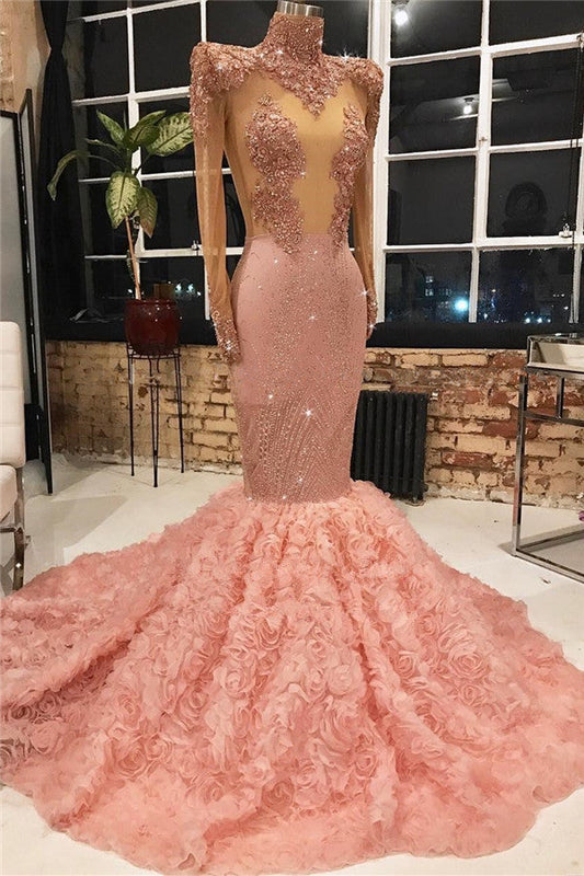 Vestido de fiesta rosa de manga larga con apliques de sirena y flores en la parte inferior