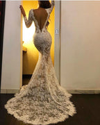 Vestido de fiesta formal de encaje con escote en V y manga larga de sirena blanca con abertura