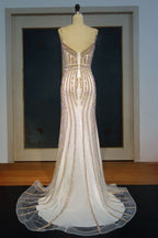 Long Spaghetti Mermaid Sweetheart Champagne Sequined Prom Dresses