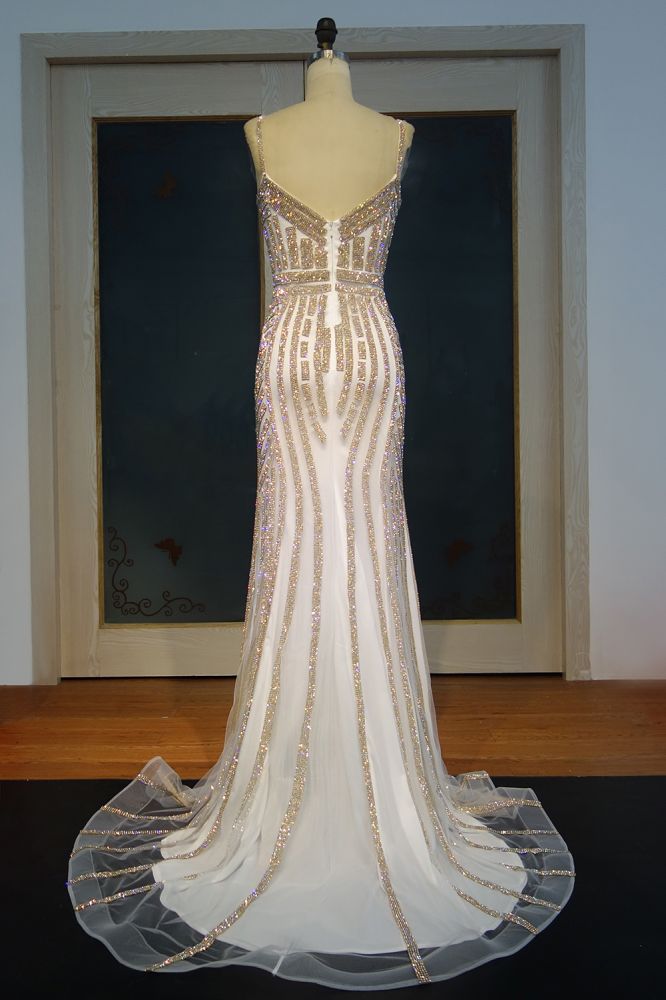 Long Spaghetti Mermaid Sweetheart Champagne Sequined Prom Dresses