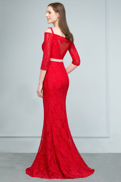 Vestidos de fiesta largos de sirena con hombros descubiertos, encaje, mangas y fajín