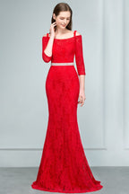 Langes, schulterfreies Meerjungfrauen-Ballkleid aus Spitze mit Spaghettiträgern, Ärmeln und Schärpe