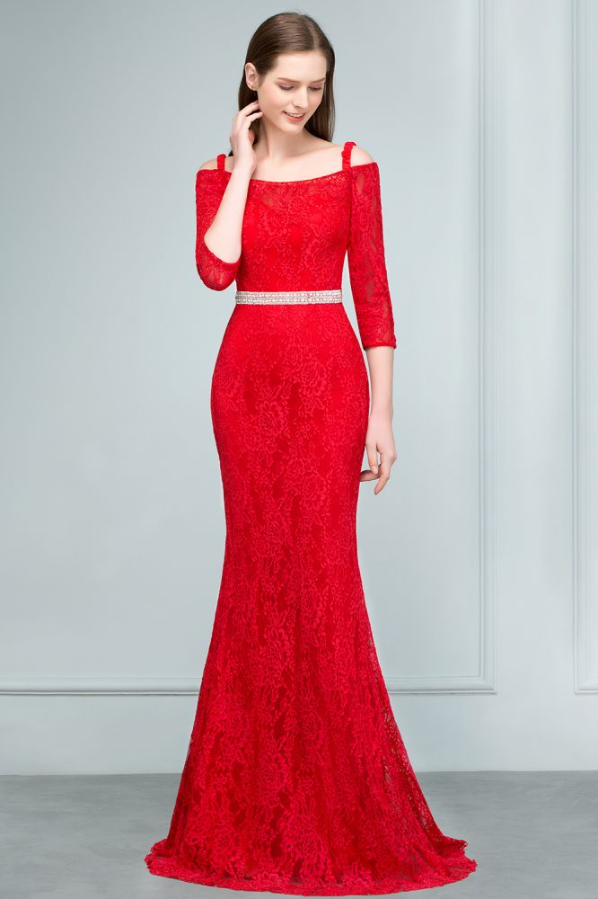 Vestidos de fiesta largos de sirena con hombros descubiertos, encaje, mangas y fajín