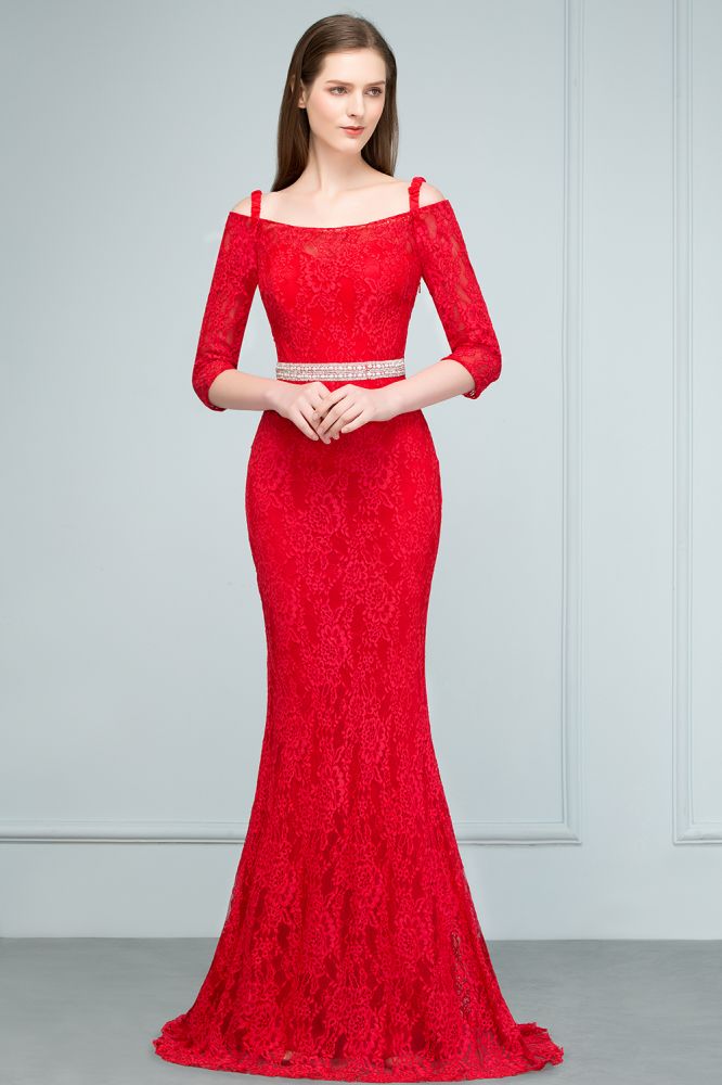 Vestidos de fiesta largos de sirena con hombros descubiertos, encaje, mangas y fajín
