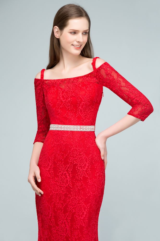 Vestidos de fiesta largos de sirena con hombros descubiertos, encaje, mangas y fajín