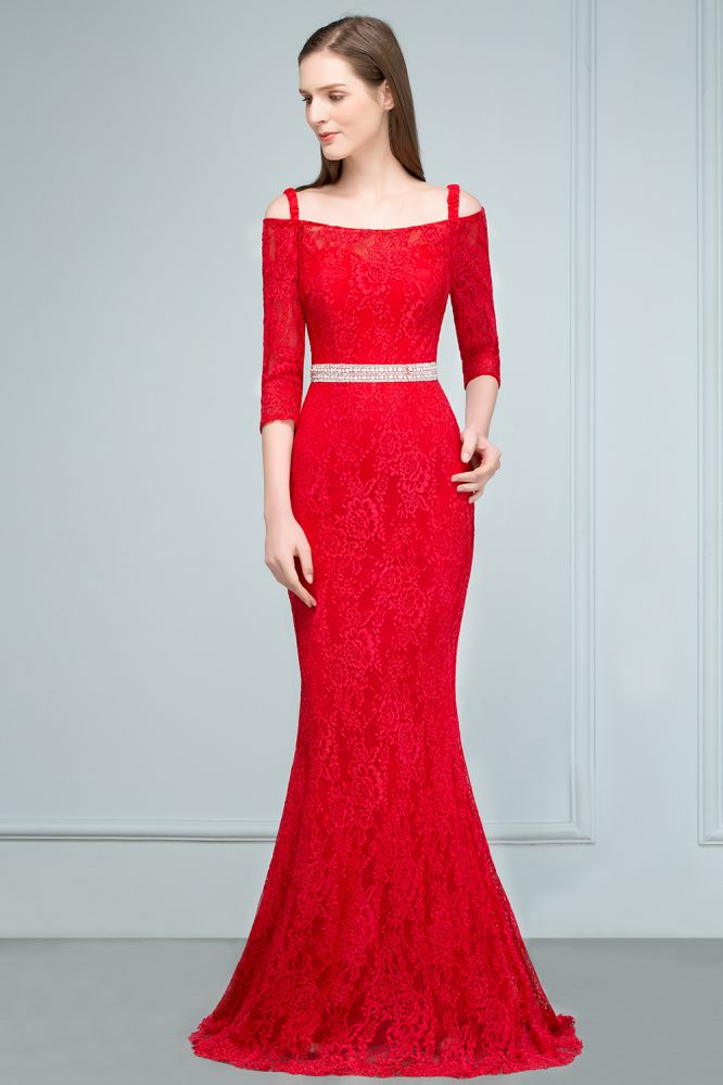 Vestidos de fiesta largos de sirena con hombros descubiertos, encaje, mangas y fajín