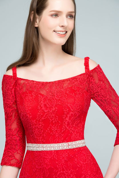 Vestidos de fiesta largos de sirena con hombros descubiertos, encaje, mangas y fajín