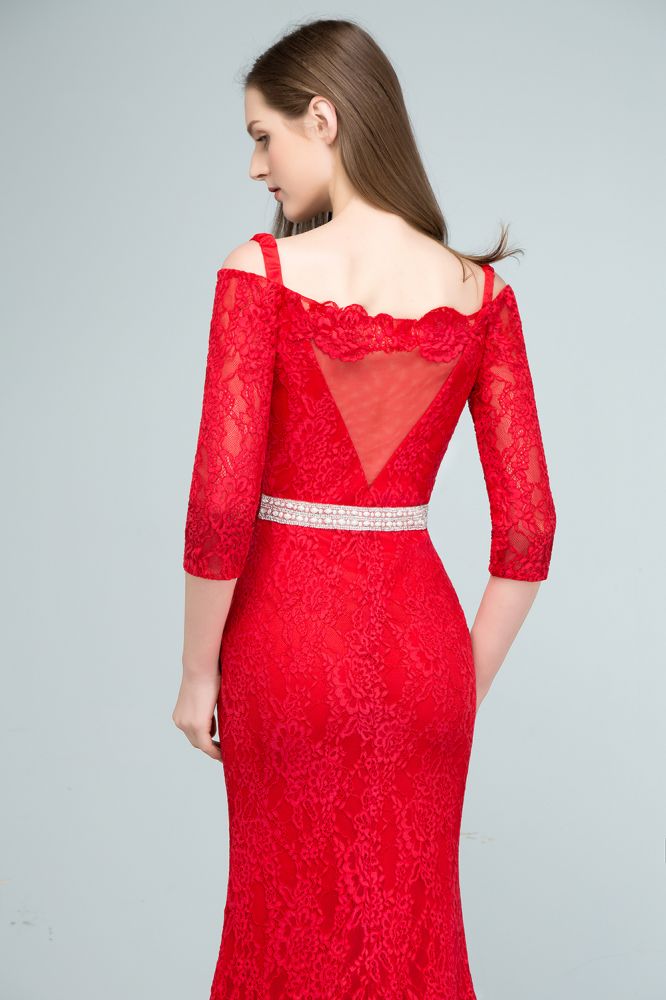 Vestidos de fiesta largos de sirena con hombros descubiertos, encaje, mangas y fajín