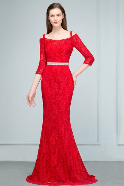 Vestidos de fiesta largos de sirena con hombros descubiertos, encaje, mangas y fajín