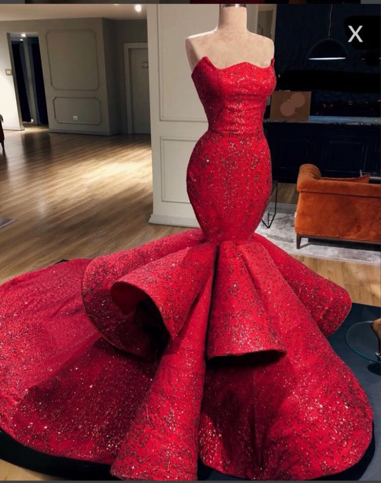 Long Strapless Beading Mermaid Formal Dress With Ruffles