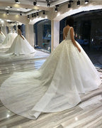 Vestido de novia largo con escote en forma de corazón, espalda descubierta, apliques de encaje y lentejuelas