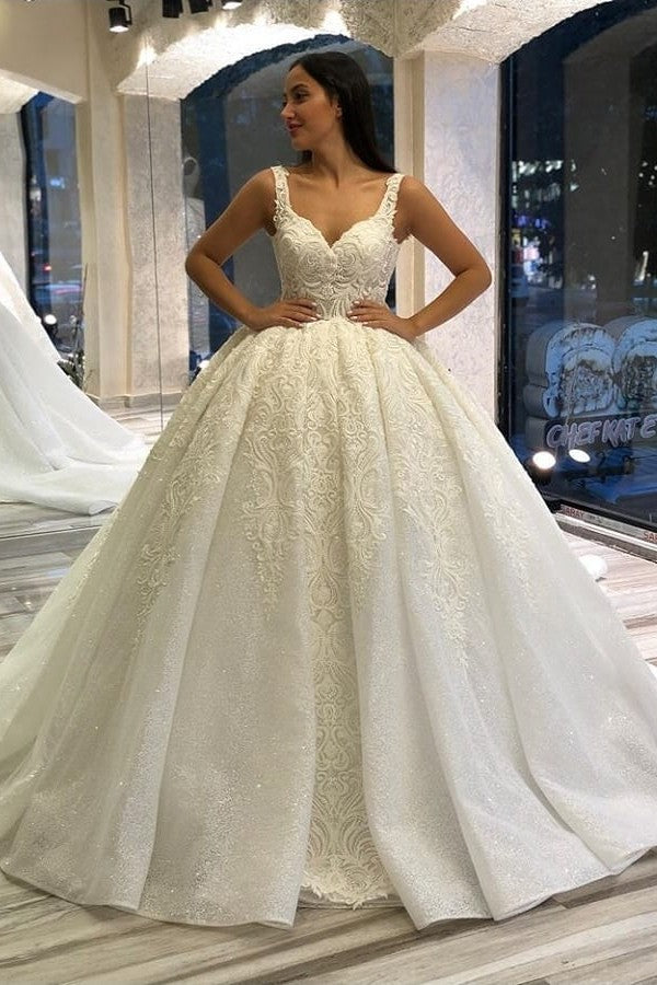 Vestido de novia largo con escote en forma de corazón, espalda descubierta, apliques de encaje y lentejuelas