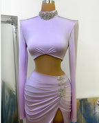 Vestido de fiesta largo de dos piezas con escote alto, corte sirena y mangas