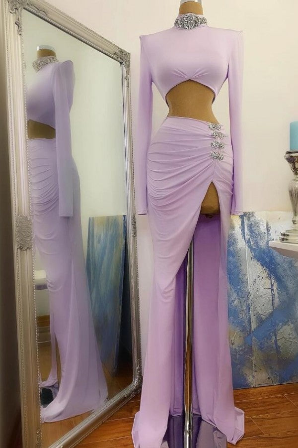 Vestido de fiesta largo de dos piezas con escote alto, corte sirena y mangas