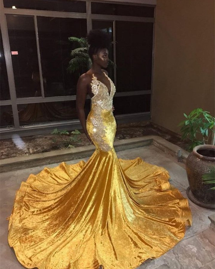Long V-neck Appliques Lace Mermaid Evening Dress