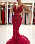Vestido de fiesta largo de sirena con escote en V, encaje de tul y espalda abierta con purpurina