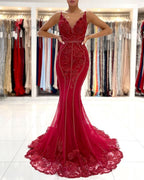 Vestido de fiesta largo de sirena con escote en V, encaje de tul y espalda abierta con purpurina