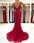 Vestido de fiesta largo de sirena con escote en V, encaje de tul y espalda abierta con purpurina