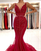 Vestido de fiesta largo de sirena con escote en V, encaje de tul y espalda abierta con purpurina