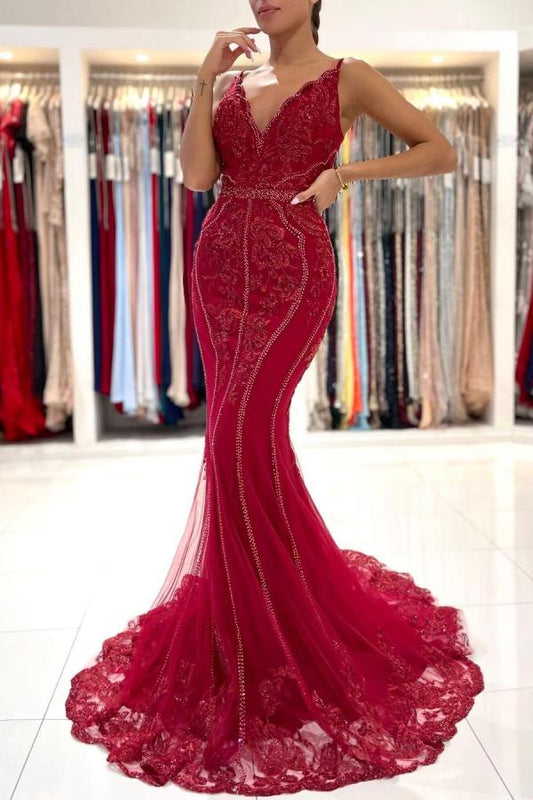 Langes Meerjungfrau-Ballkleid mit V-Ausschnitt, Tüllspitze, offenem Rücken und Glitzer