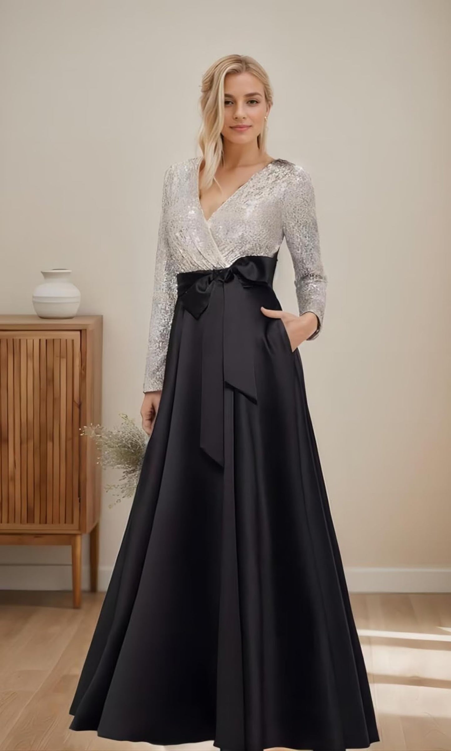 Langärmliges Kleid mit Schleife, Paillettenoberteil und Schleife
