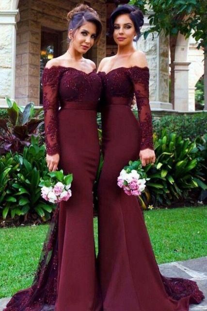 Vestido de dama de honor de encaje burdeos con hombros descubiertos y corte sirena para fiesta 