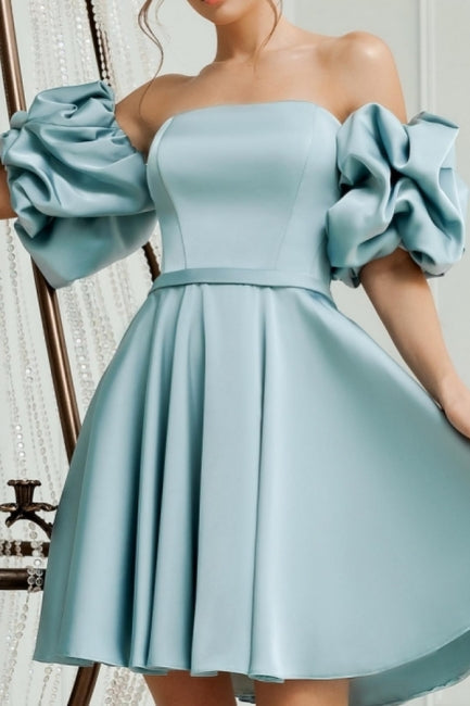 Schöne kurze A-Linie blaue schulterfreie Satin Homecoming Kleider