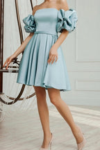 Schöne kurze A-Linie blaue schulterfreie Satin Homecoming Kleider
