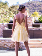 Mini-Heimkehrkleid aus Tüll mit tiefem V-Ausschnitt und Applikationen