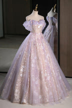 Lucasta | Lilac Off The Shoulder Tulle A Line Prom Dress With Appliques