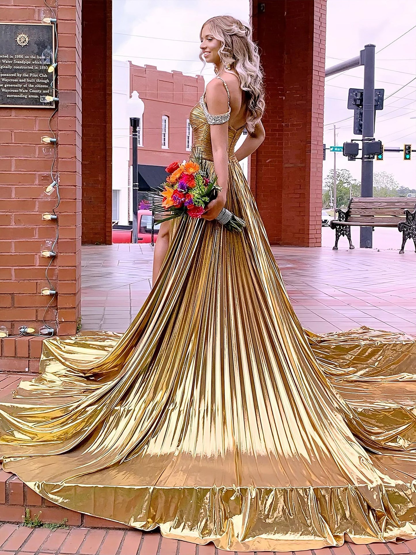 Lulu | Off the Shoulder Gold A-Line Metallic Pleated Long Formal Gown
