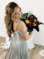 Lulu | Off the Shoulder Gold A-Line Metallic Pleated Long Formal Gown