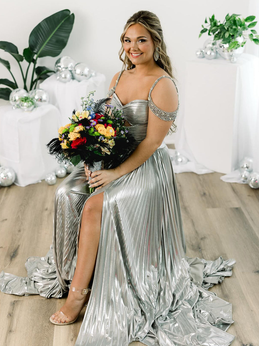 Lulu | Off the Shoulder Gold A-Line Metallic Pleated Long Formal Gown