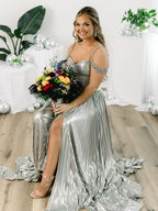 Lulu | Off the Shoulder Gold A-Line Metallic Pleated Long Formal Gown