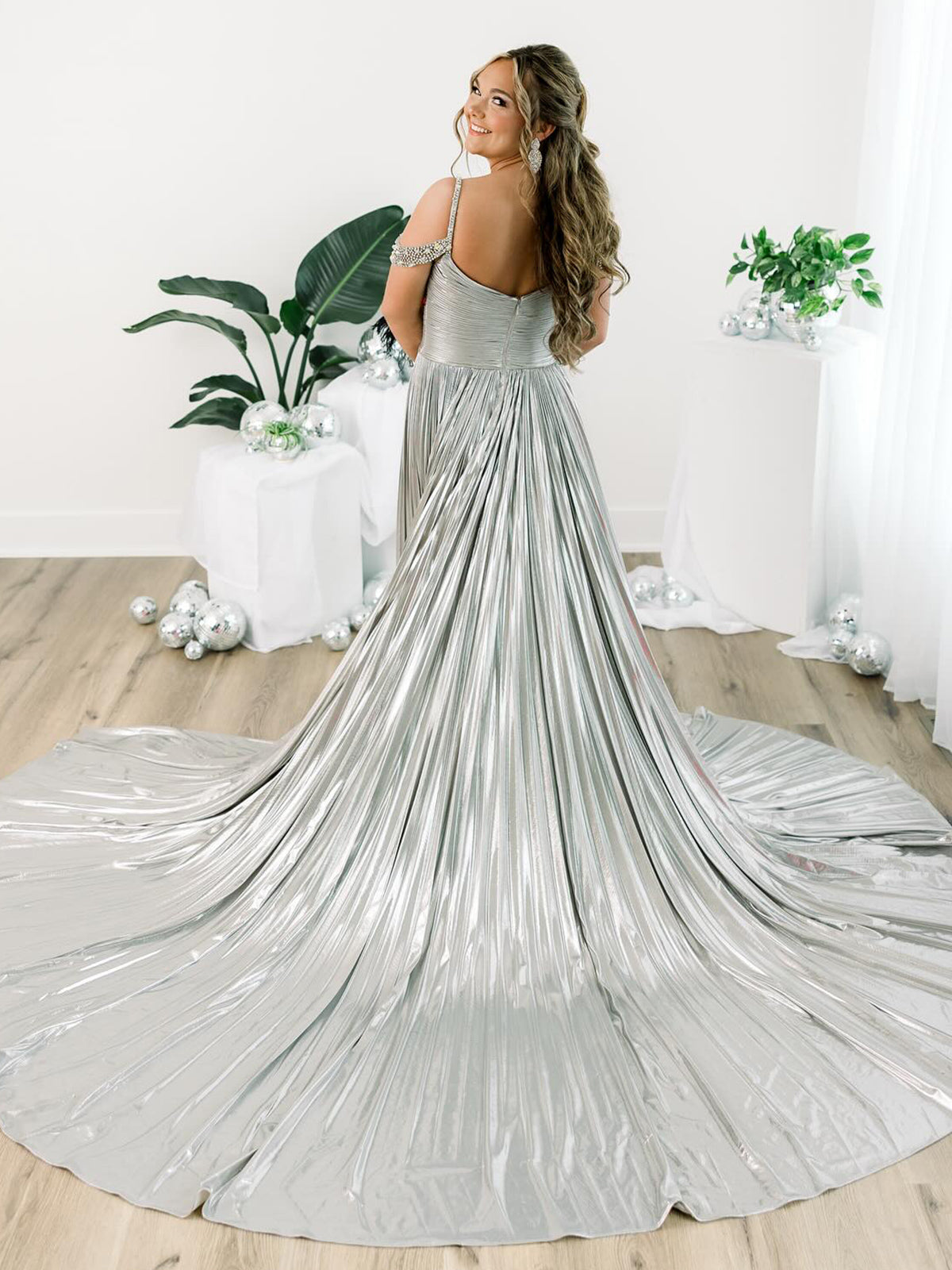 Lulu | Off the Shoulder Gold A-Line Metallic Pleated Long Formal Gown