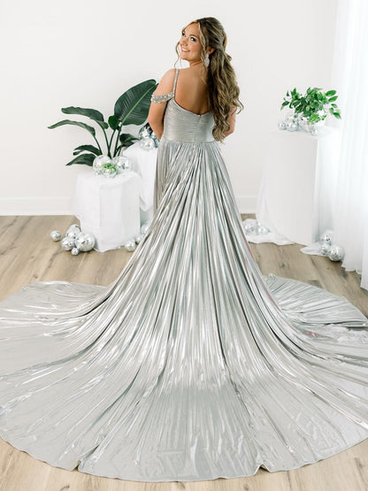 Lulu | Off the Shoulder Gold A-Line Metallic Pleated Long Formal Gown