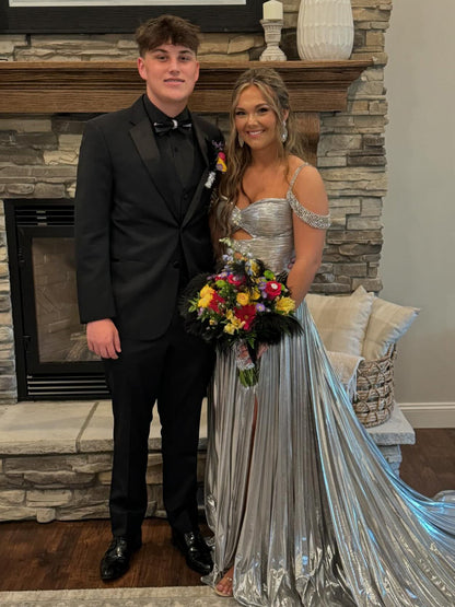 Lulu | Off the Shoulder Gold A-Line Metallic Pleated Long Formal Gown