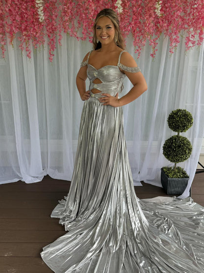 Lulu | Off the Shoulder Gold A-Line Metallic Pleated Long Formal Gown