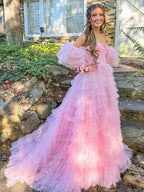 Lunaire | Vestido de fiesta de tul rosa con escote en forma de corazón y abertura en la espalda