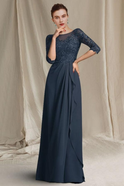 Elegante vestido de encaje para madre de la novia, escote redondo, media manga y apliques