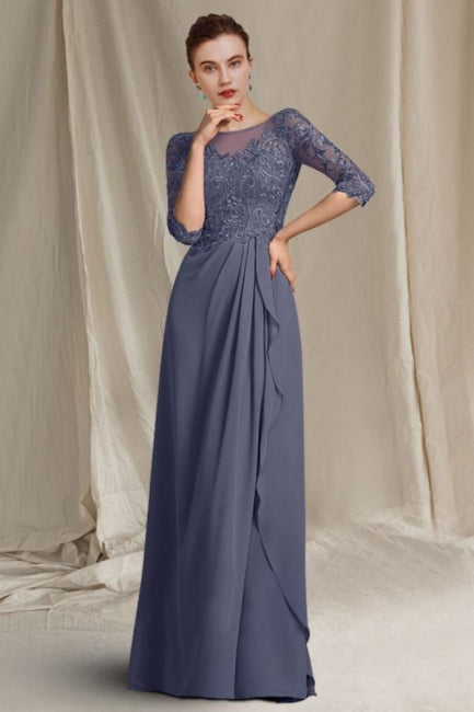 Elegante vestido de encaje para madre de la novia, escote redondo, media manga y apliques